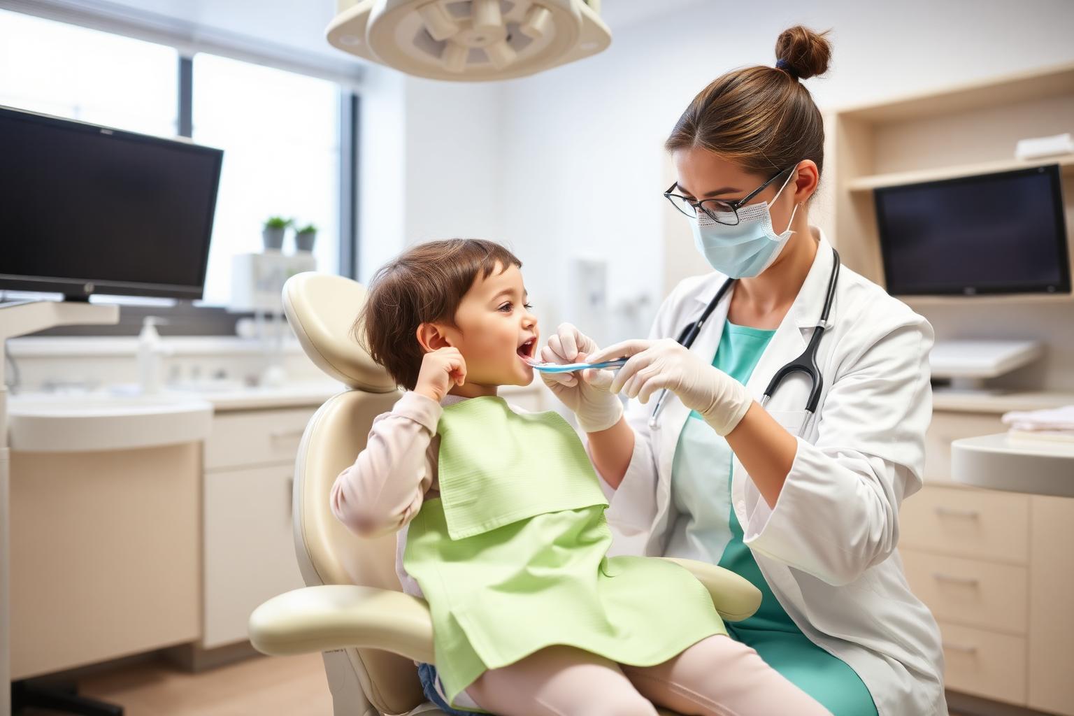 Pediatric dentist showing a child brushing technique in a dental clinic