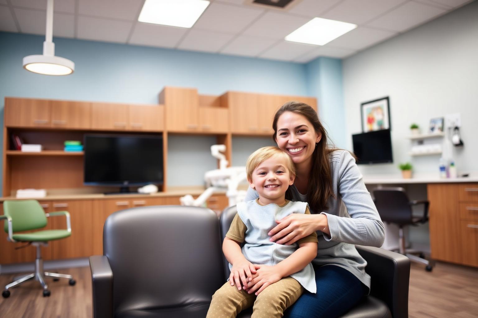 Parent and child in a welcoming pediatric dental clinic waiting area